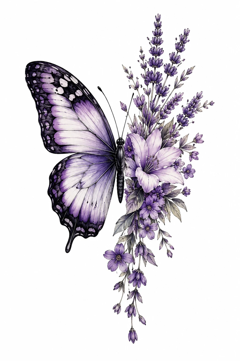 Lavender Butterfly Fusion — half butterfly half flower tattoo style outfit