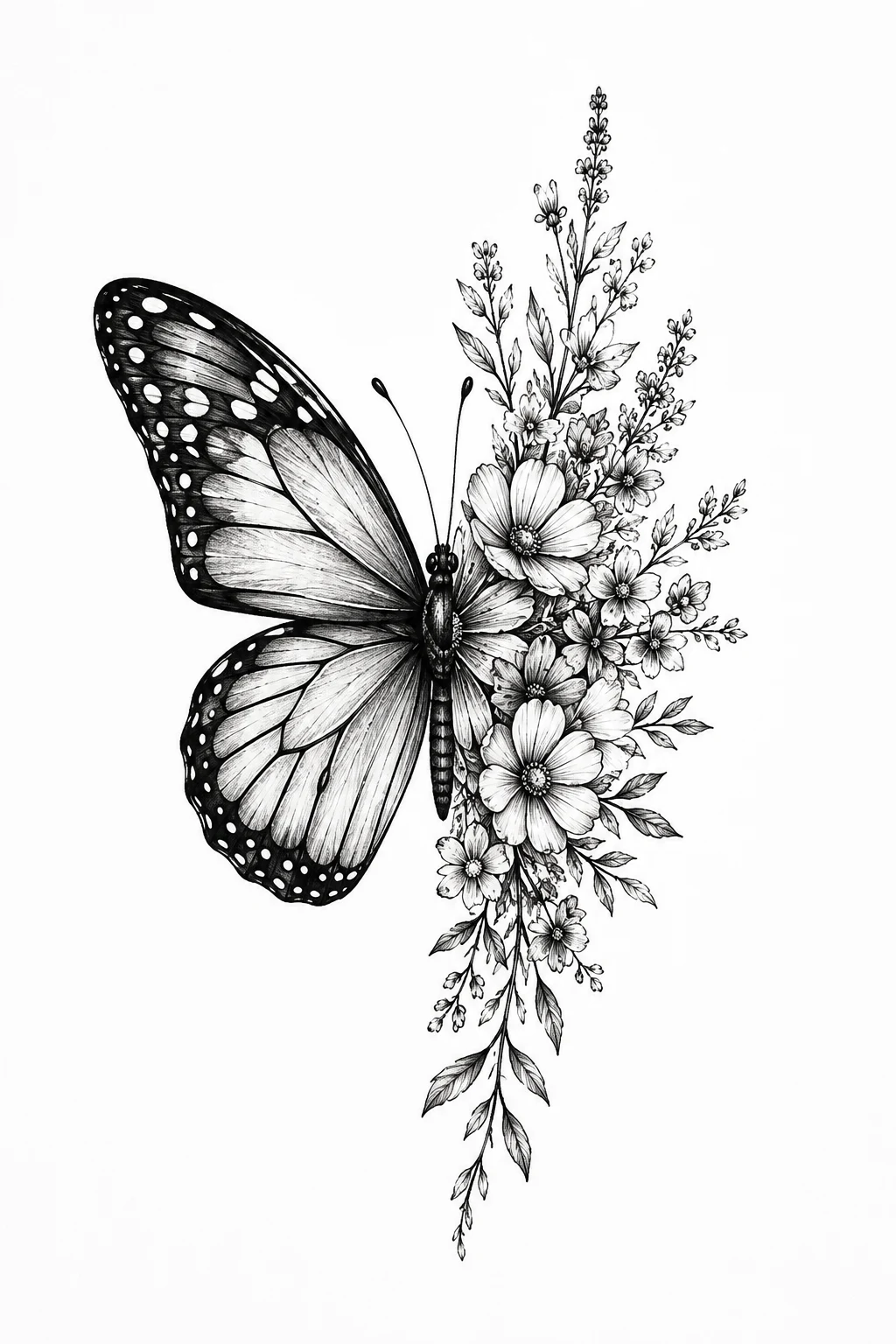 Half Butterfly Half Flower Tattoo With Wildflowers — half butterfly half flower tattoo style outfit