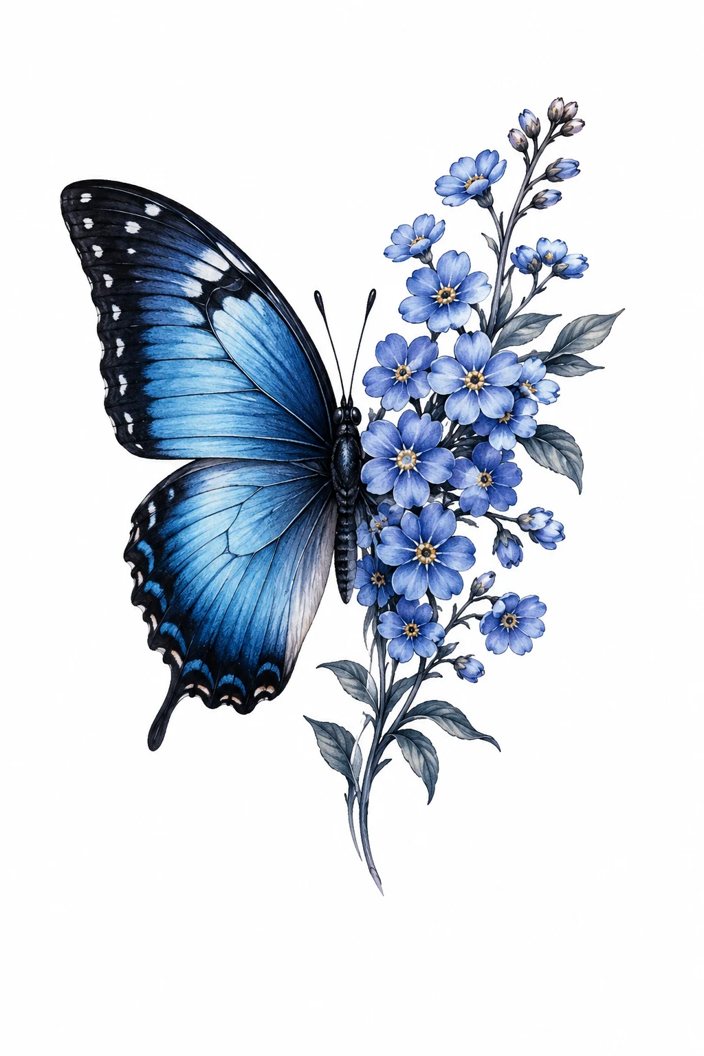 Blue Butterfly With Forget-Me-Nots — half butterfly half flower tattoo style outfit