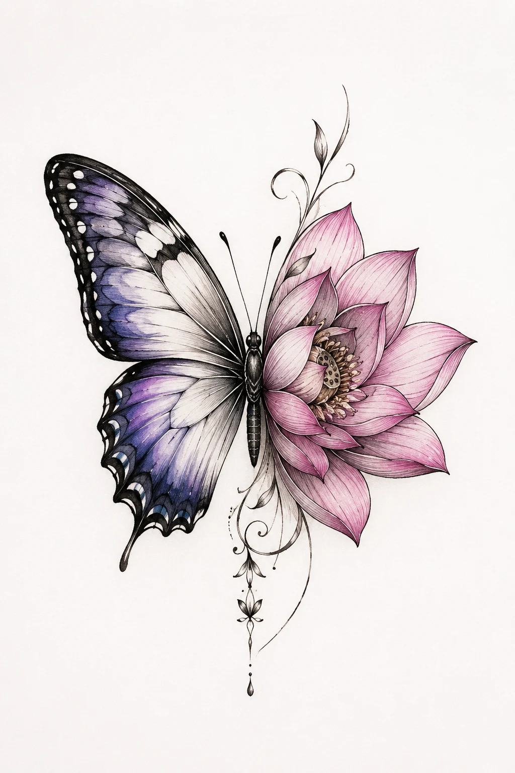Half Butterfly Half Flower Tattoo With Lotus — half butterfly half flower tattoo style outfit