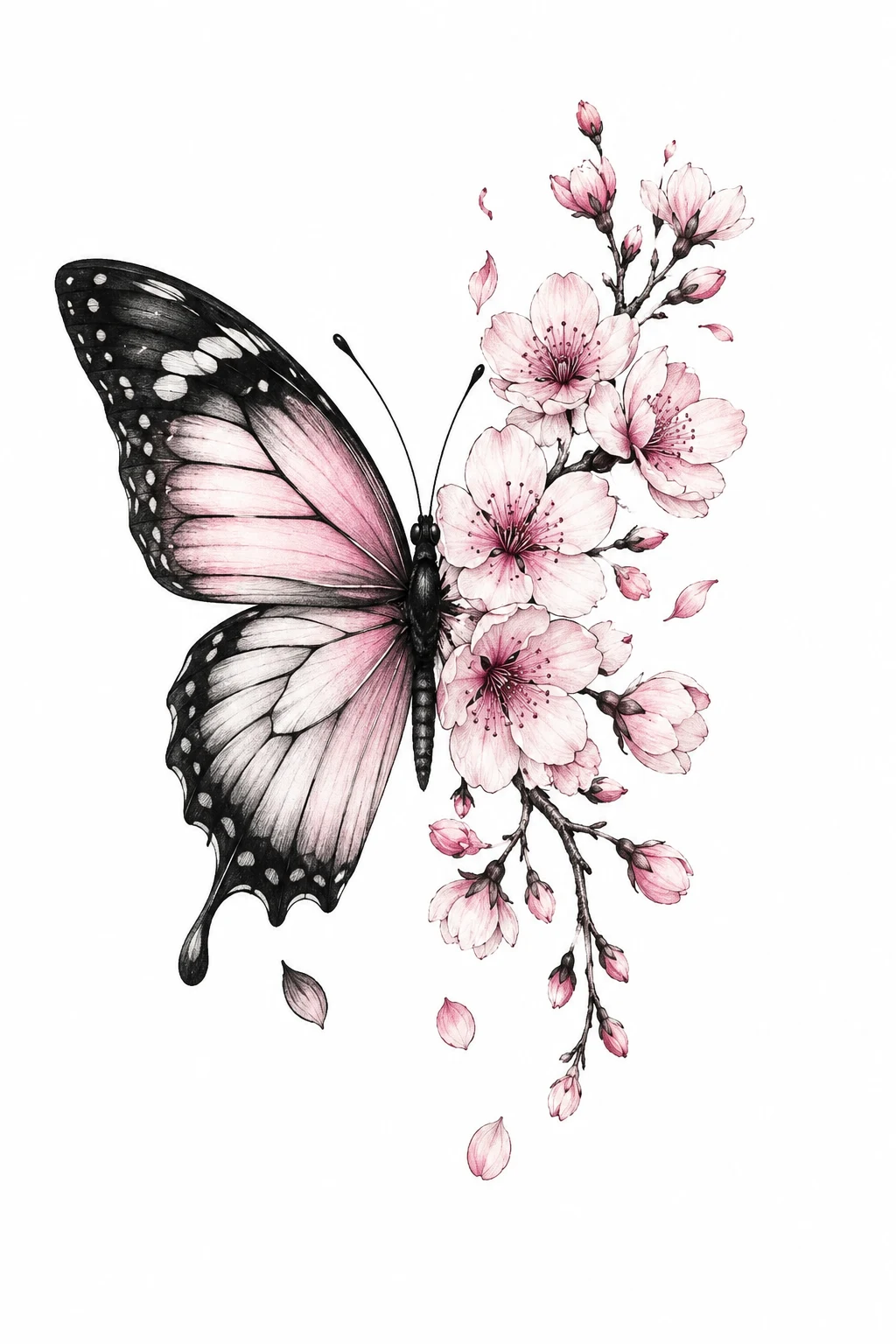 Butterfly and Cherry Blossom Split — half butterfly half flower tattoo style outfit