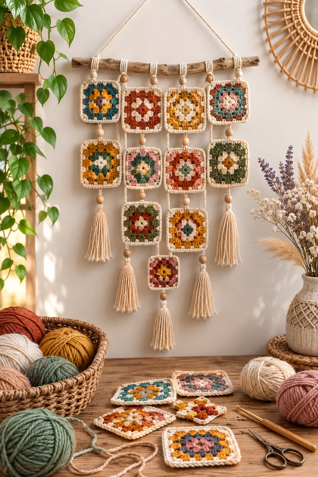 Boho Wall Hanging Display — ideas a crochet granny square pattern style outfit