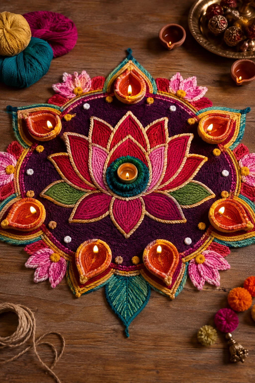 Lotus and Diya Festival Centerpiece — indian rangoli designs style outfit