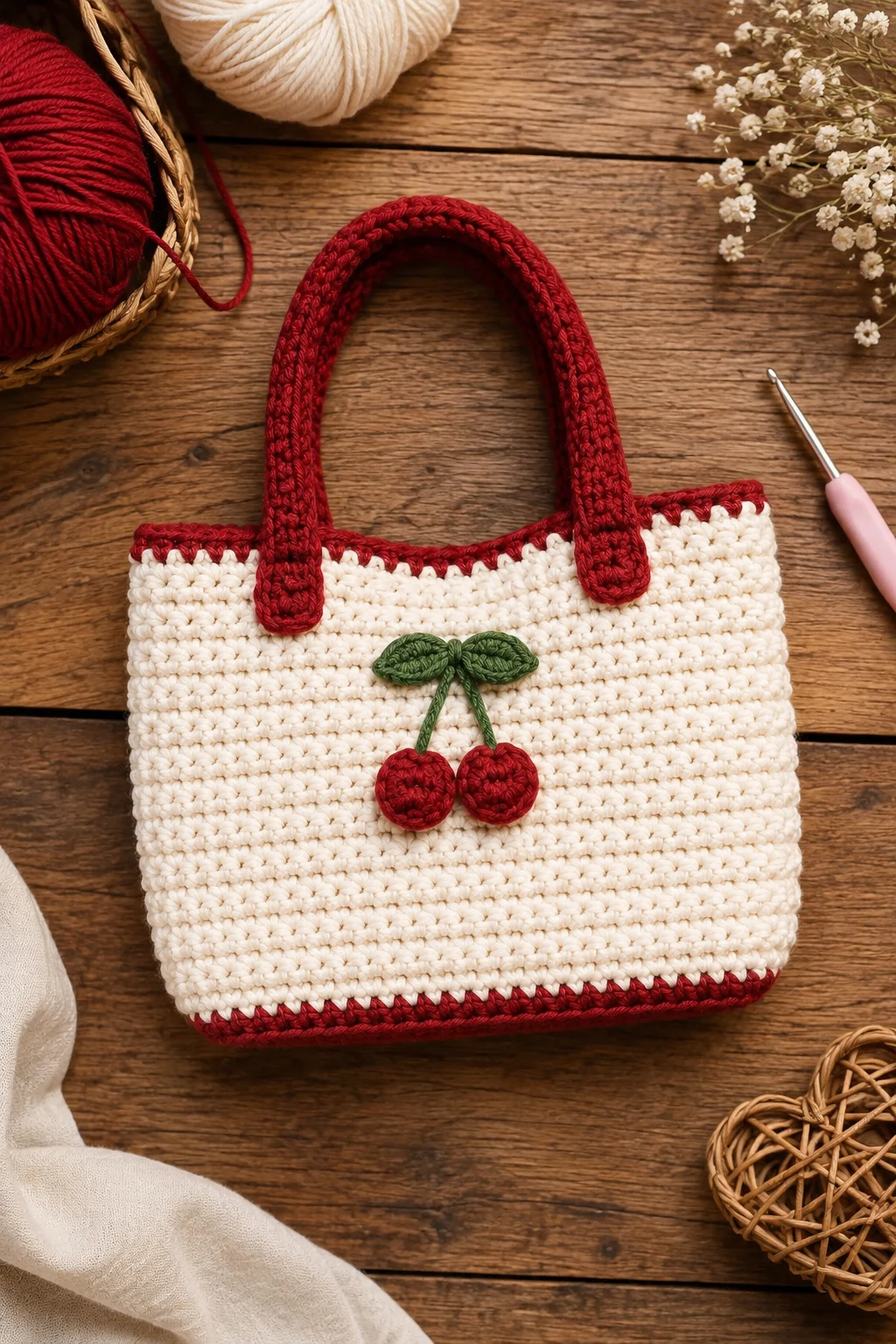 Cream & Cherry Mini Korean Crochet Bag — korean crochet bag style outfit