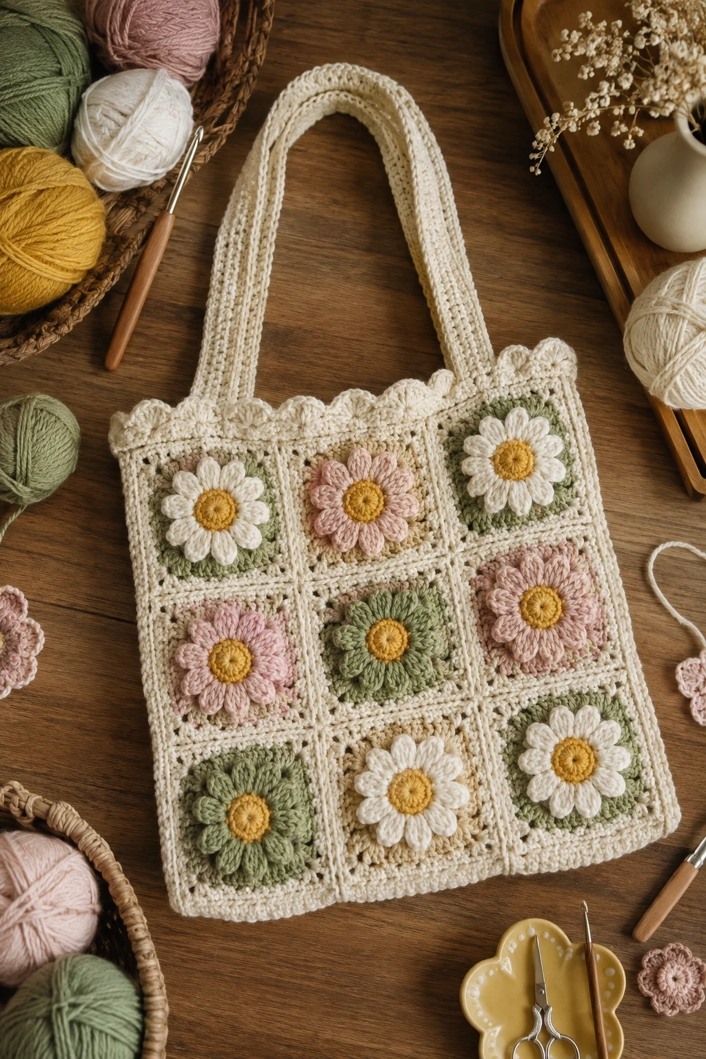 Flower Granny-Square Korean Tote — korean crochet bag style outfit