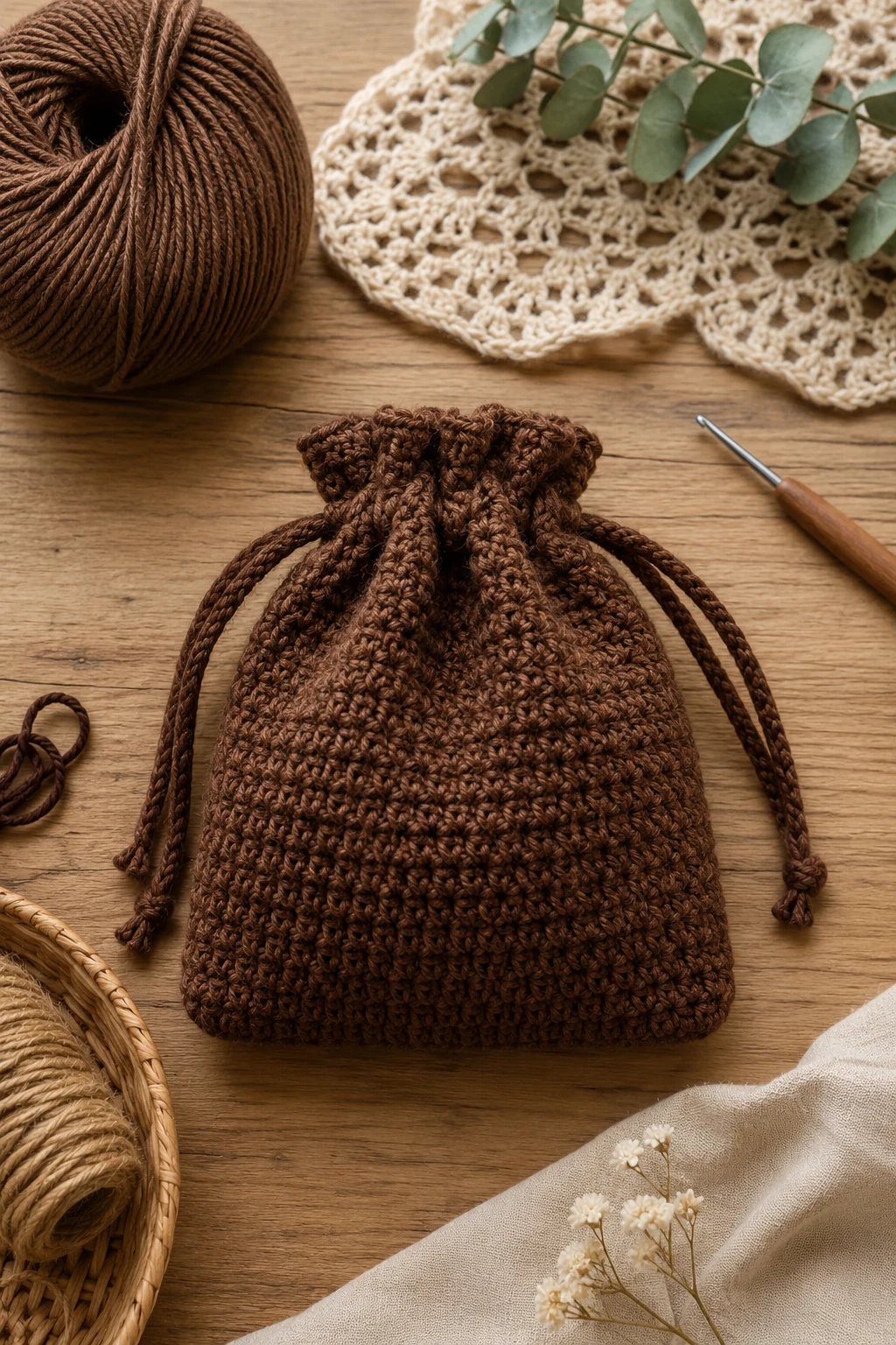 Chocolate Brown Pouch Bag With Drawstring — korean crochet bag style outfit