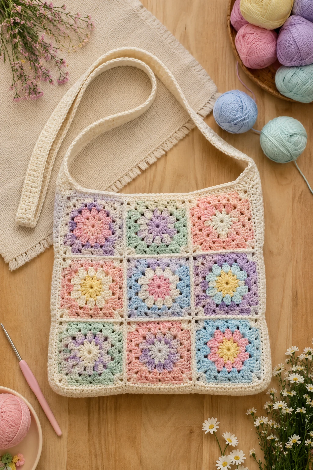 Pastel Granny-Square Shoulder Bag — korean crochet bag style outfit