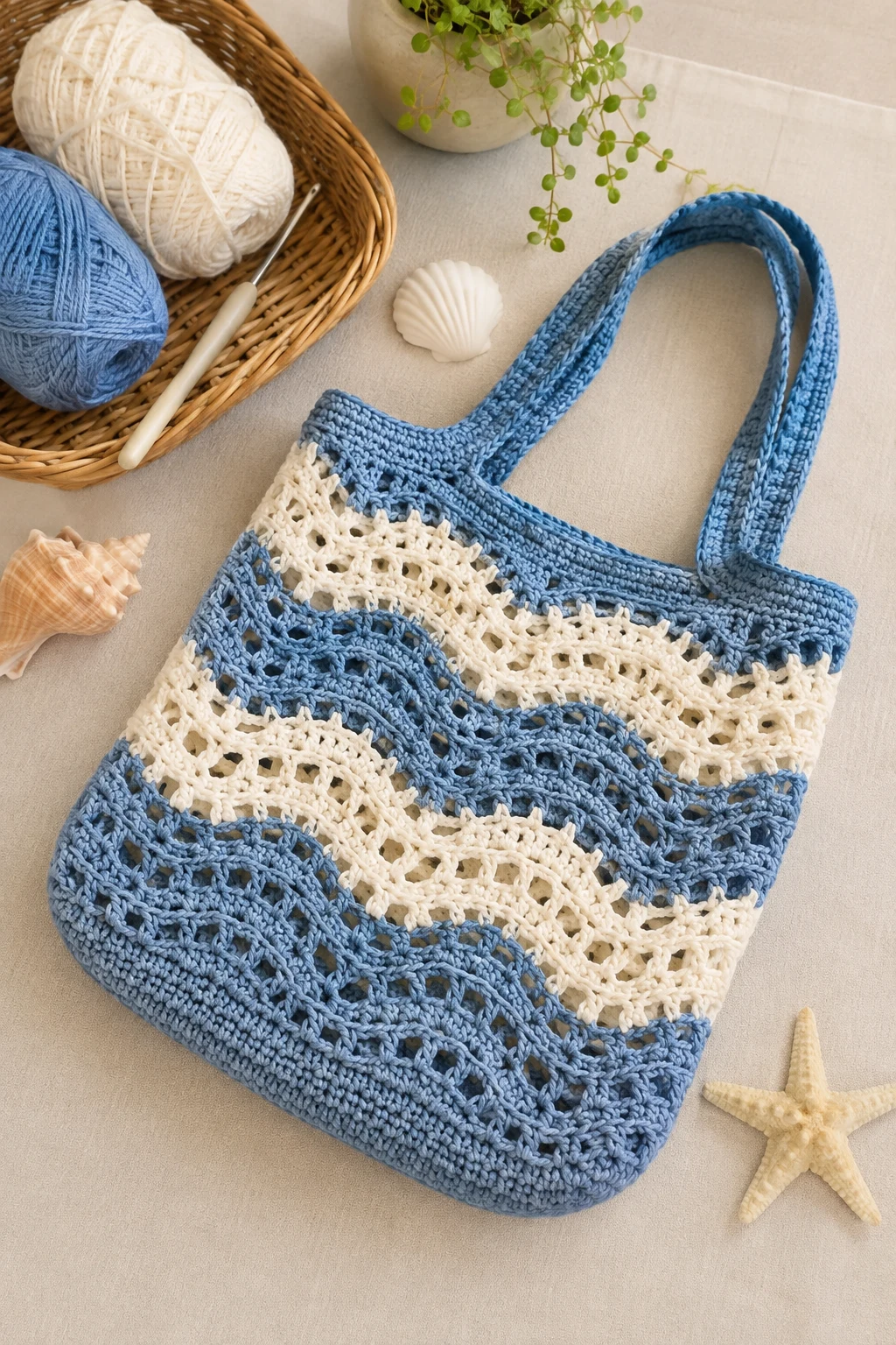 Blue & White Seaside Crochet Bag — korean crochet bag style outfit