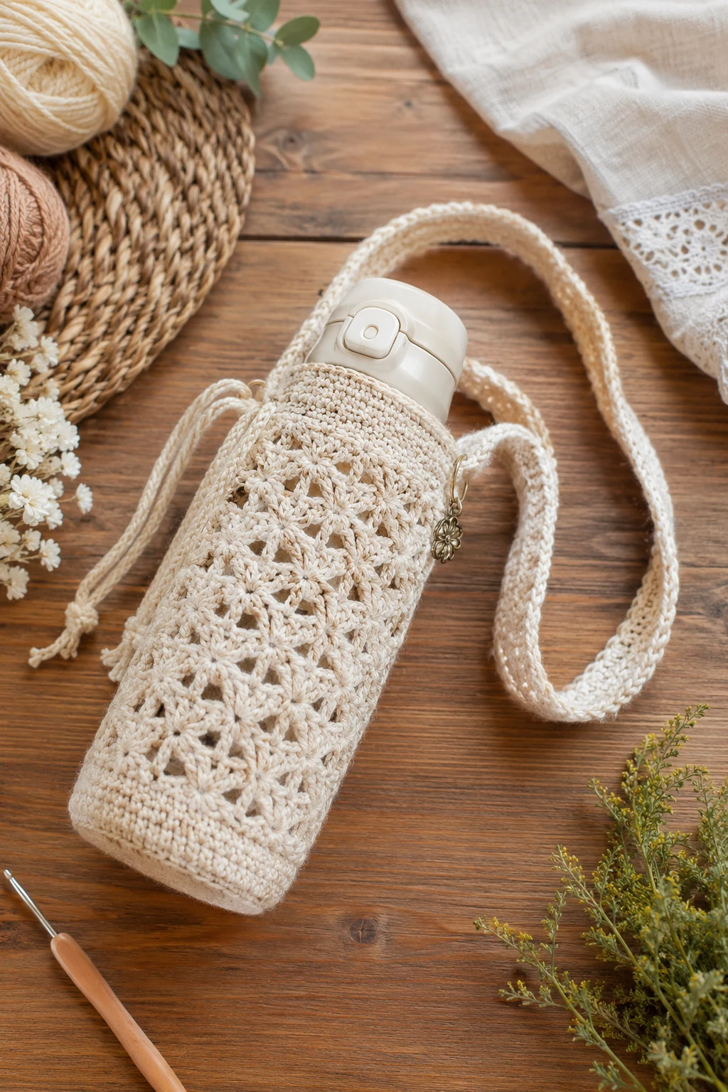 Korean Crochet Water Bottle Bag — korean crochet bag style outfit