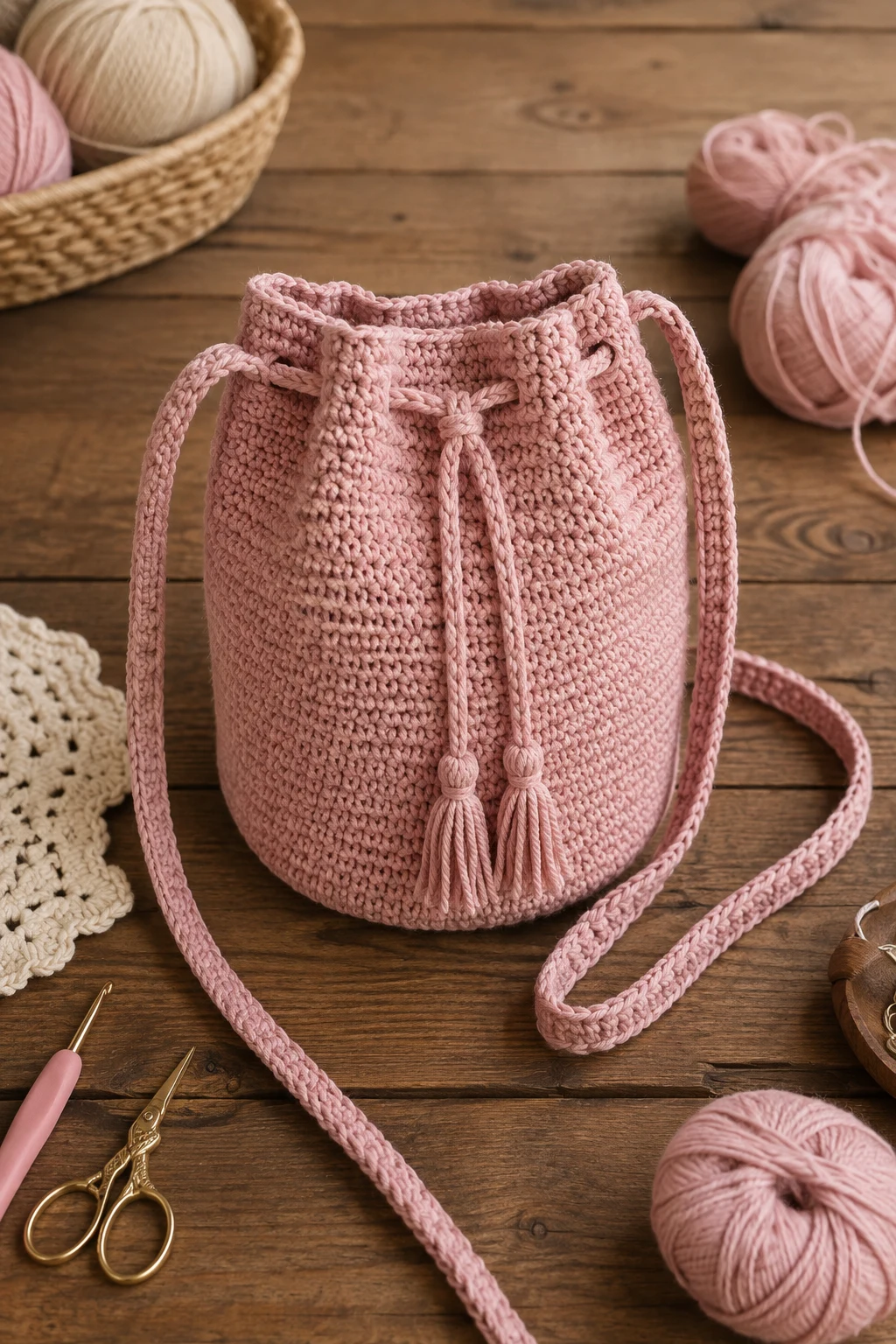 Soft Pink Crochet Bucket Bag — korean crochet bag style outfit