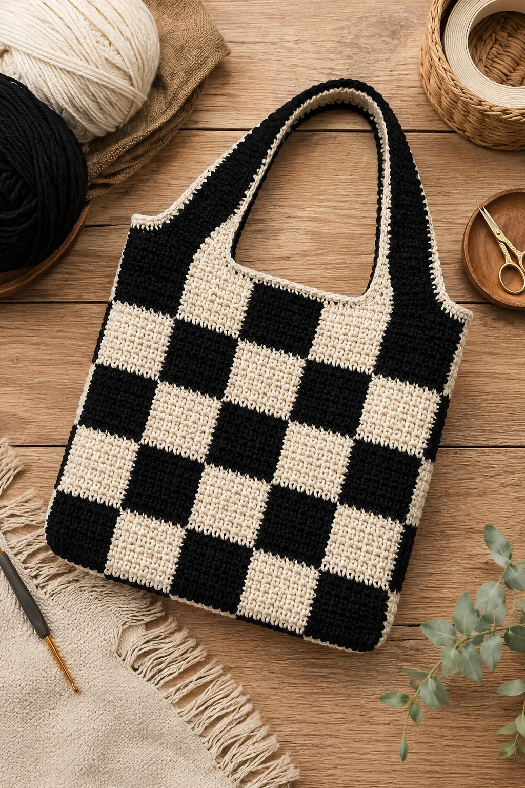 Black & Ivory Checkerboard Bag — korean crochet bag style outfit