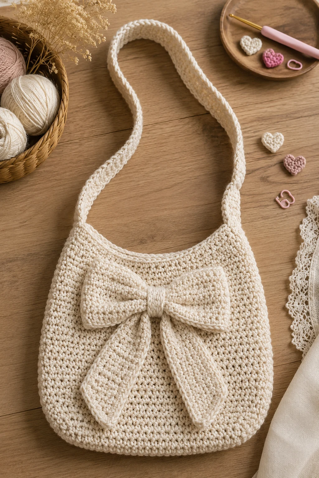 Crochet Korean Shoulder Bag With a Bow — korean crochet bag style outfit