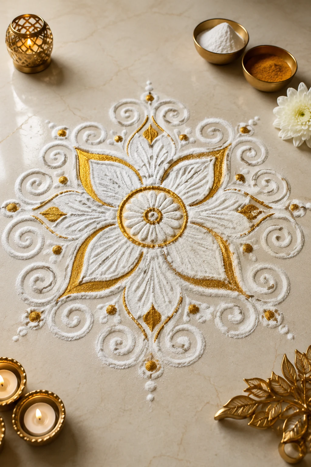 Minimalist White-and-Gold Rangoli — latest rangoli designs creative style outfit