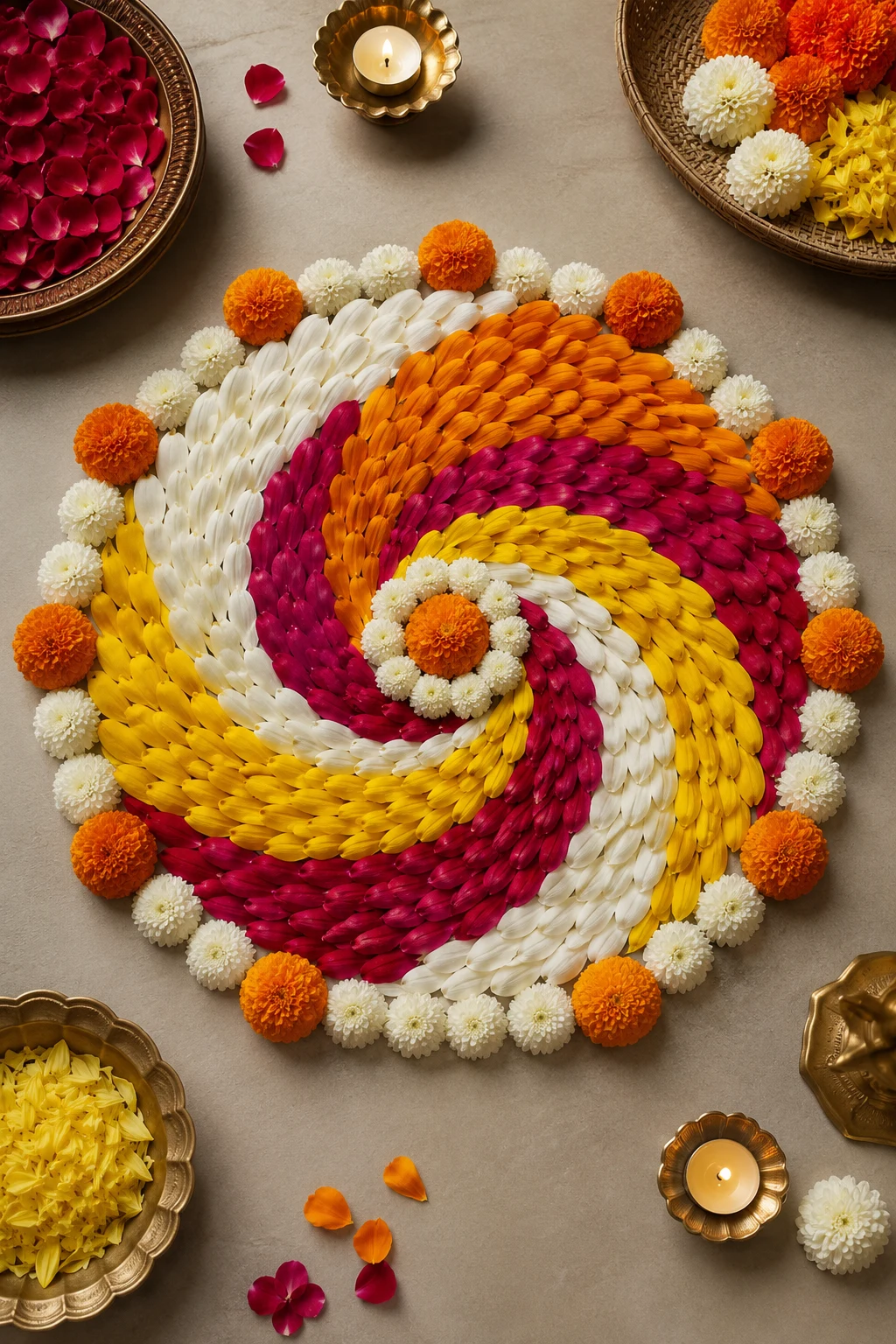 Floral Petal Spiral Rangoli — latest rangoli designs creative style outfit