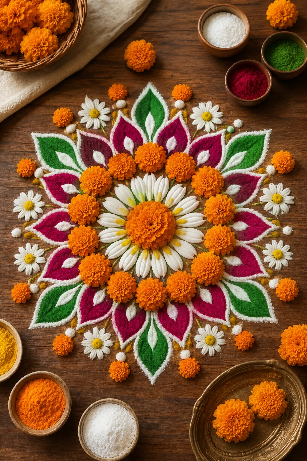 Floral Mandala With Marigolds — latest rangoli designs creative style outfit