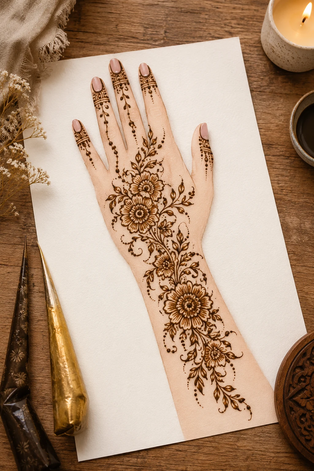 Front-Hand Floral Cascade — latest simple mehndi designs style outfit