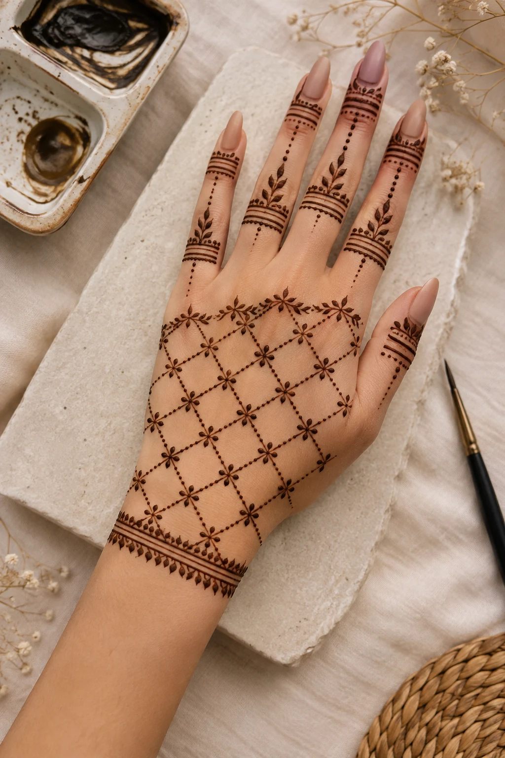 Geometric Grid Mehndi — latest simple mehndi designs style outfit