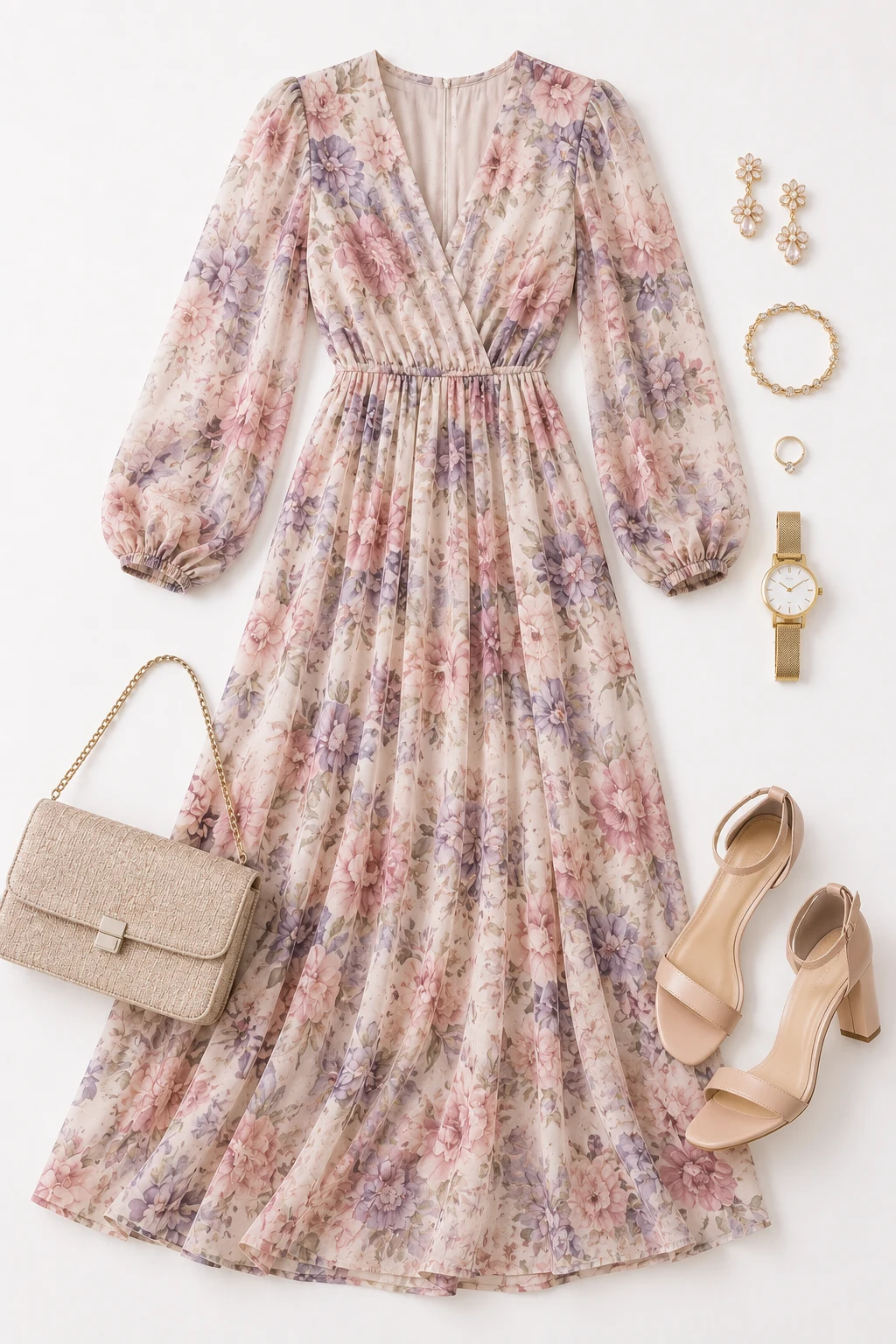The Romantic Floral Wedding Guest — Maxi Dress with Sleeves style outfit