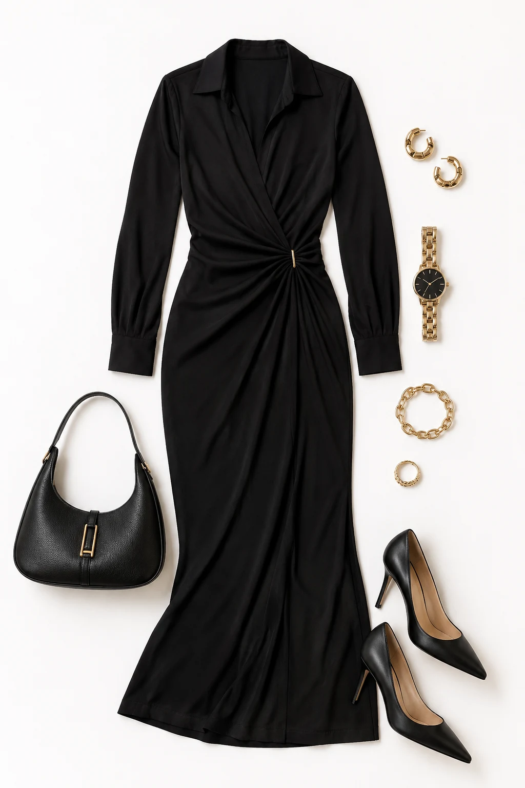 The Sleek Black Office-to-Dinner Look — Maxi Dress with Sleeves style outfit