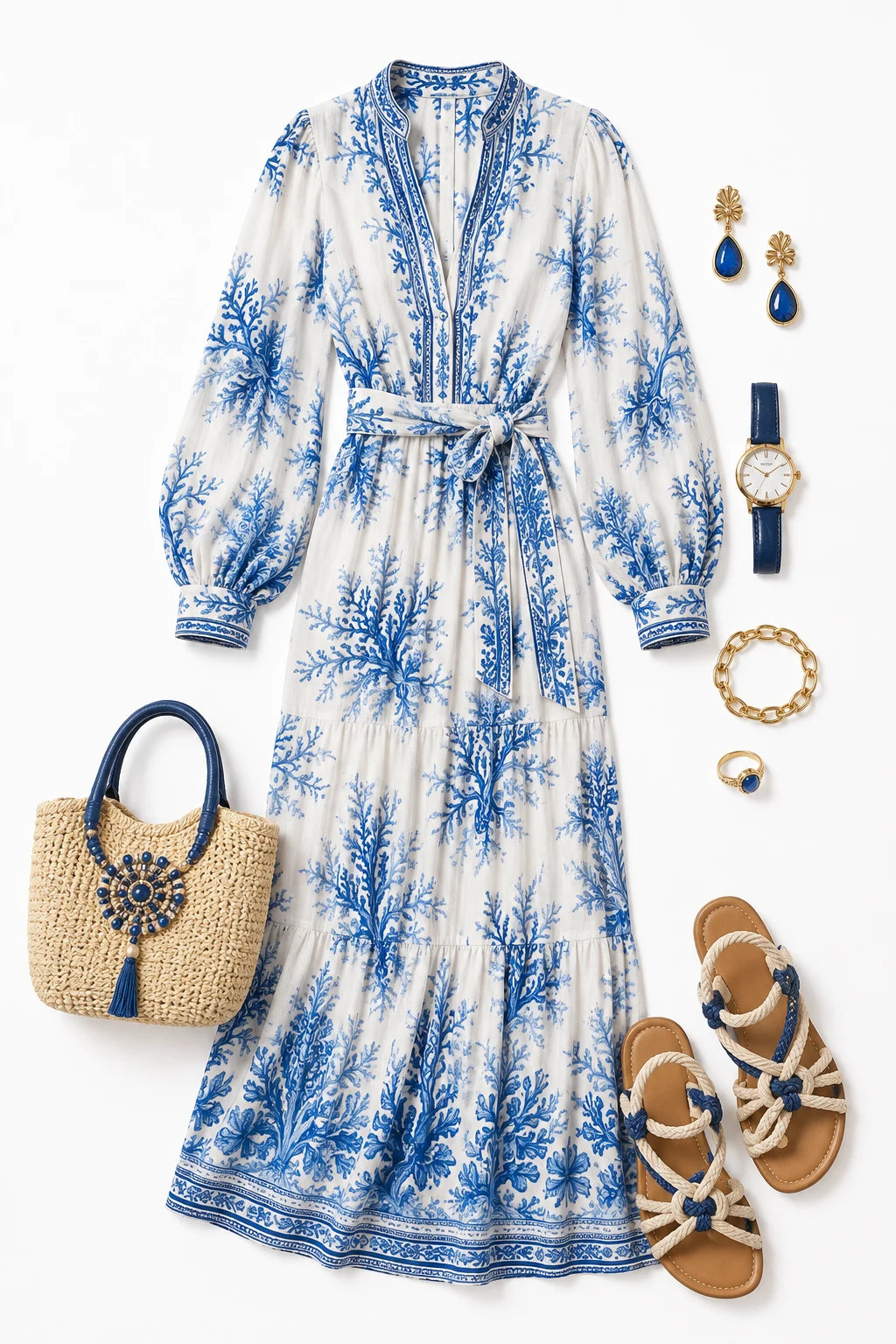 The Blue-and-White Beach Vacation Dream — Maxi Dress with Sleeves style outfit