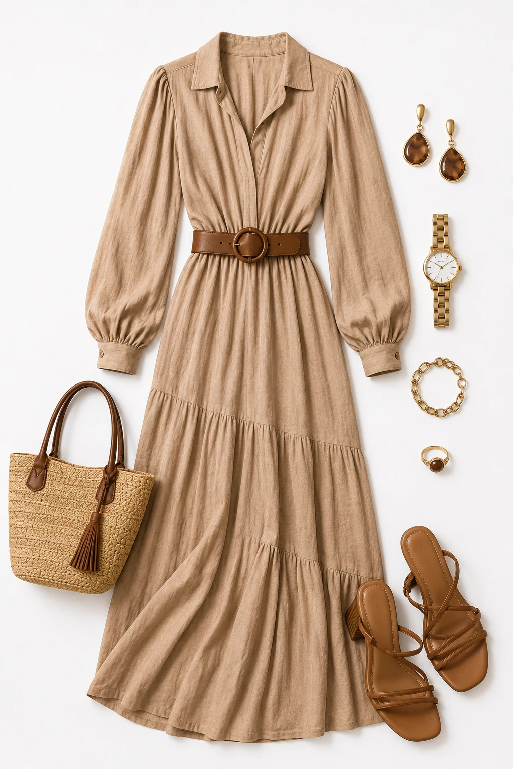 The Belted Earth-Tone Beauty — Maxi Dress with Sleeves style outfit