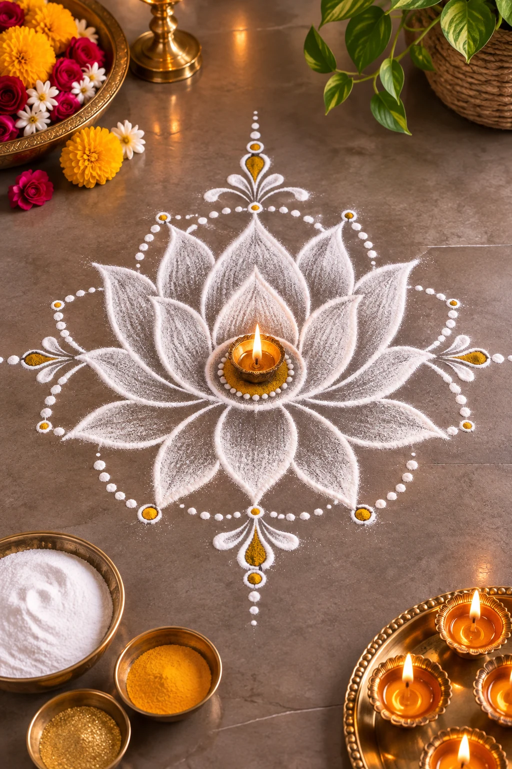 Minimalist White Lotus — modern rangoli designs style outfit