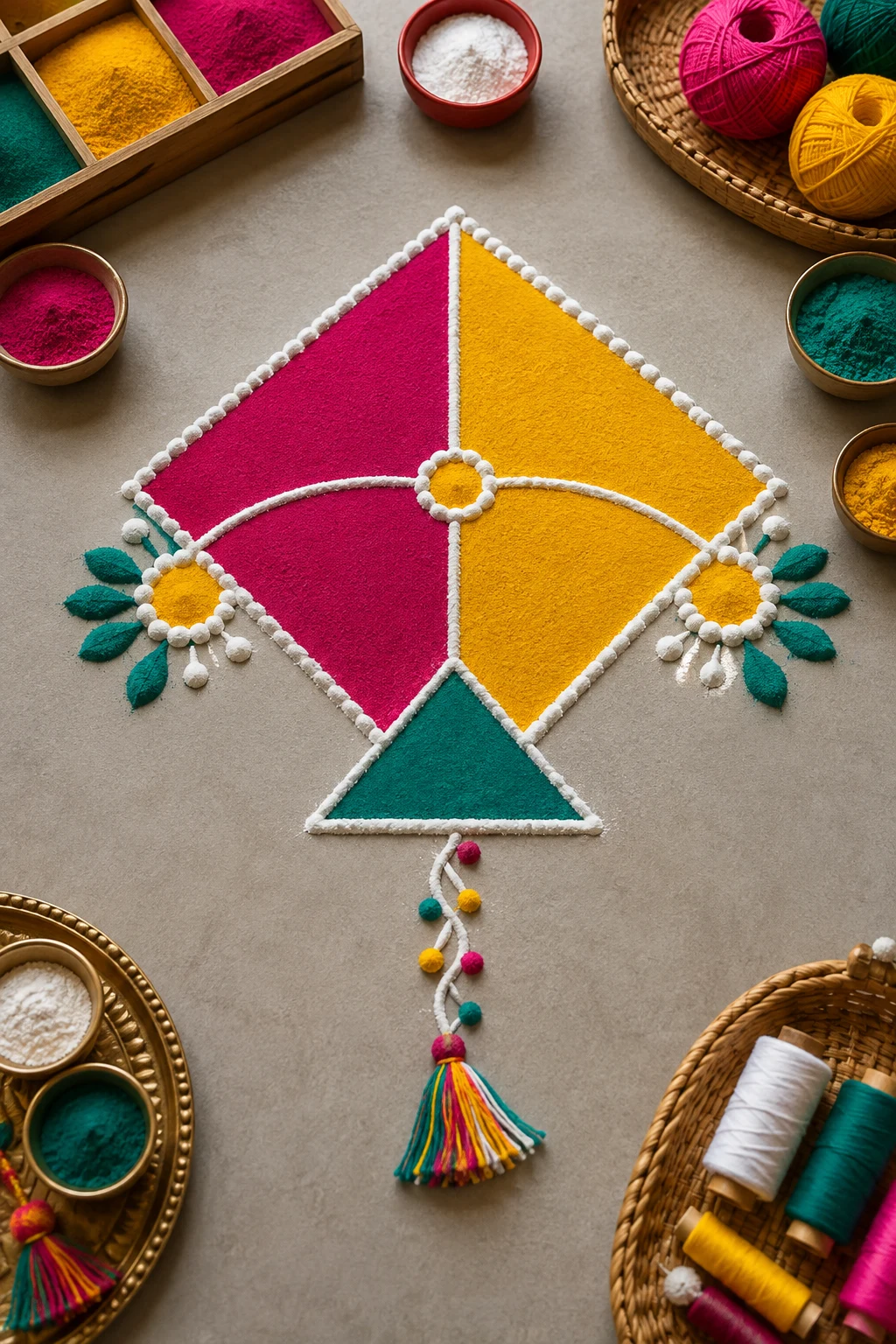 Sankranthi-Inspired Kite Rangoli — modern rangoli designs style outfit