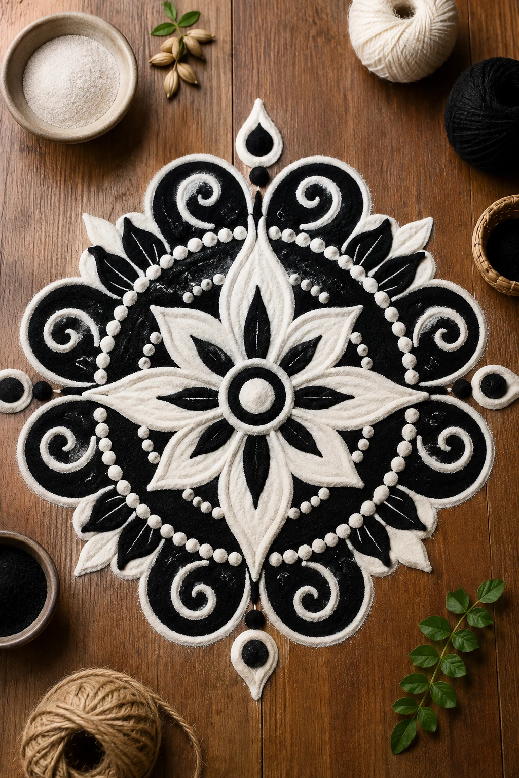 Black-and-White Statement Rangoli — modern rangoli designs style outfit