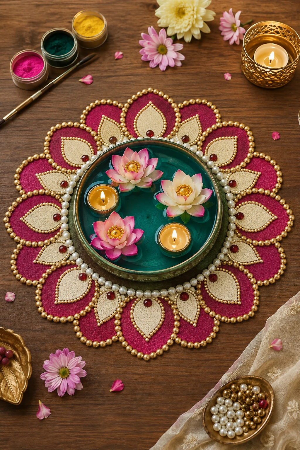 Floating Lotus and Diya Centerpiece — modern rangoli designs style outfit