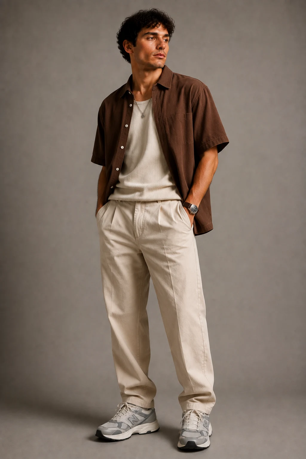 The Brown & Cream Earth-Tone Fit — new balance 9060 outfit men summer style outfit, worn by a stylish man