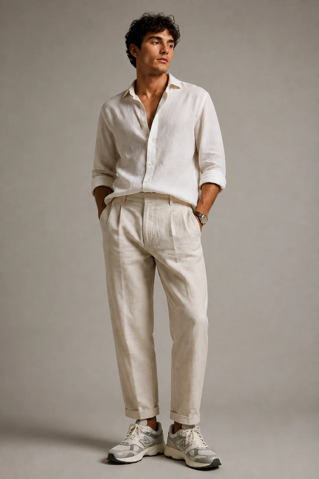 The Relaxed Linen Trouser Look — new balance 9060 outfit men summer style outfit, worn by a stylish man