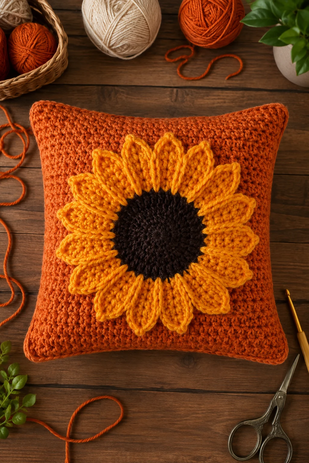 Orange Crochet Sunflower Pillow — orange crochet ideas style outfit