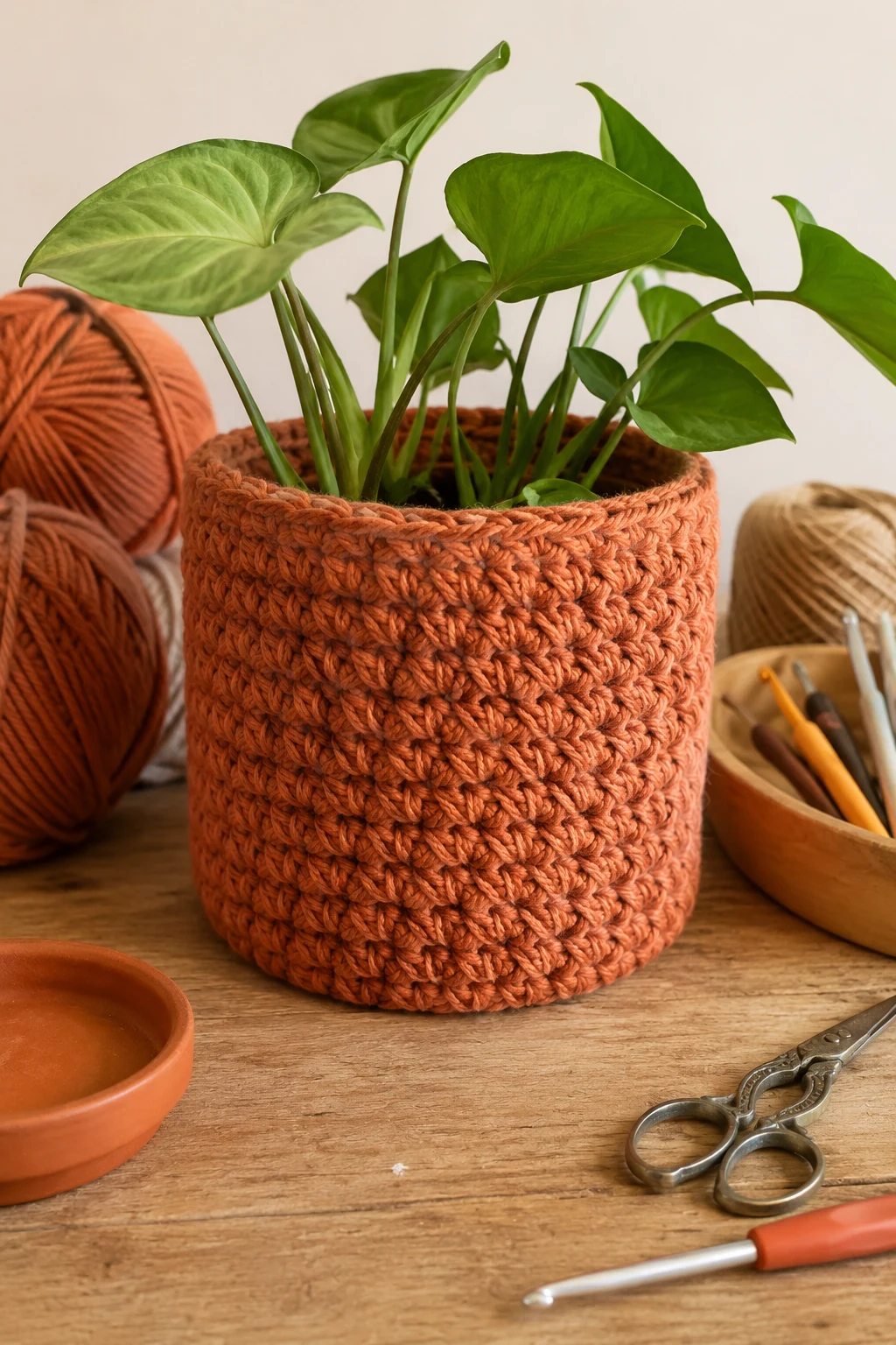 Terracotta Crochet Plant Pot Cover — orange crochet ideas style outfit