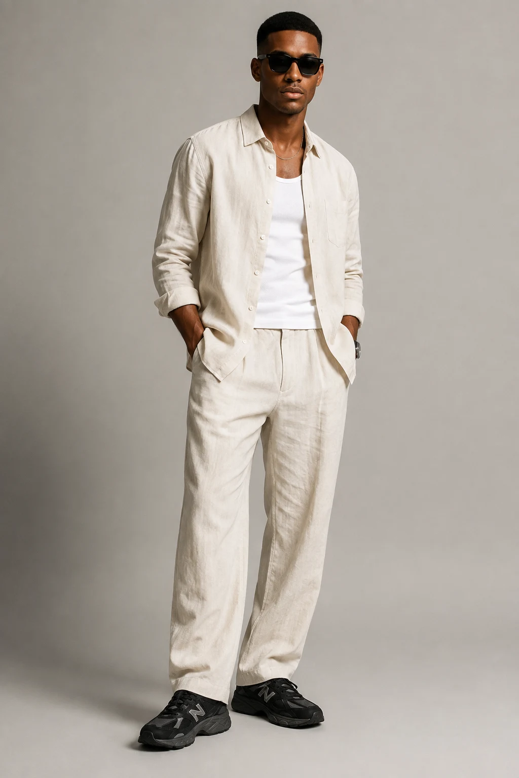 The Summer Linen and 9060 Mix — Outfits With 9060 New Balance Black Men style outfit, worn by a stylish man