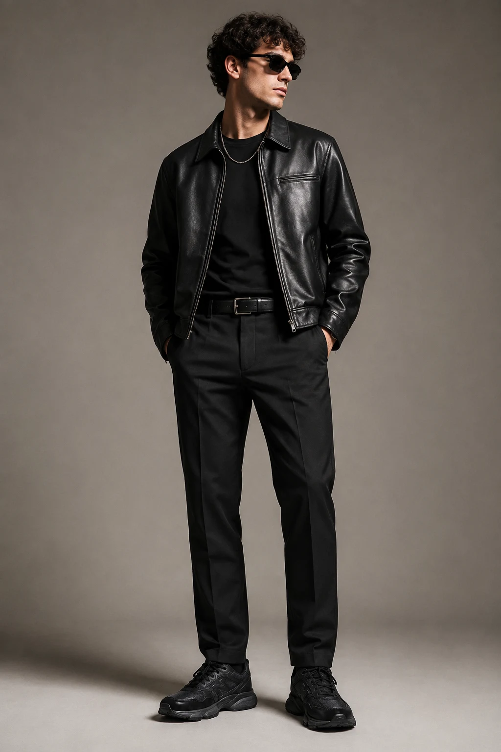The Leather Jacket Night-Out Look — Outfits With 9060 New Balance Black Men style outfit, worn by a stylish man