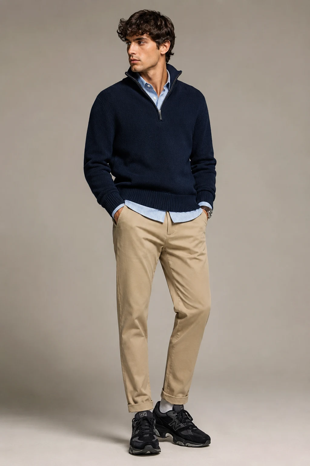 The Preppy Chinos Remix — Outfits With 9060 New Balance Black Men style outfit, worn by a stylish man