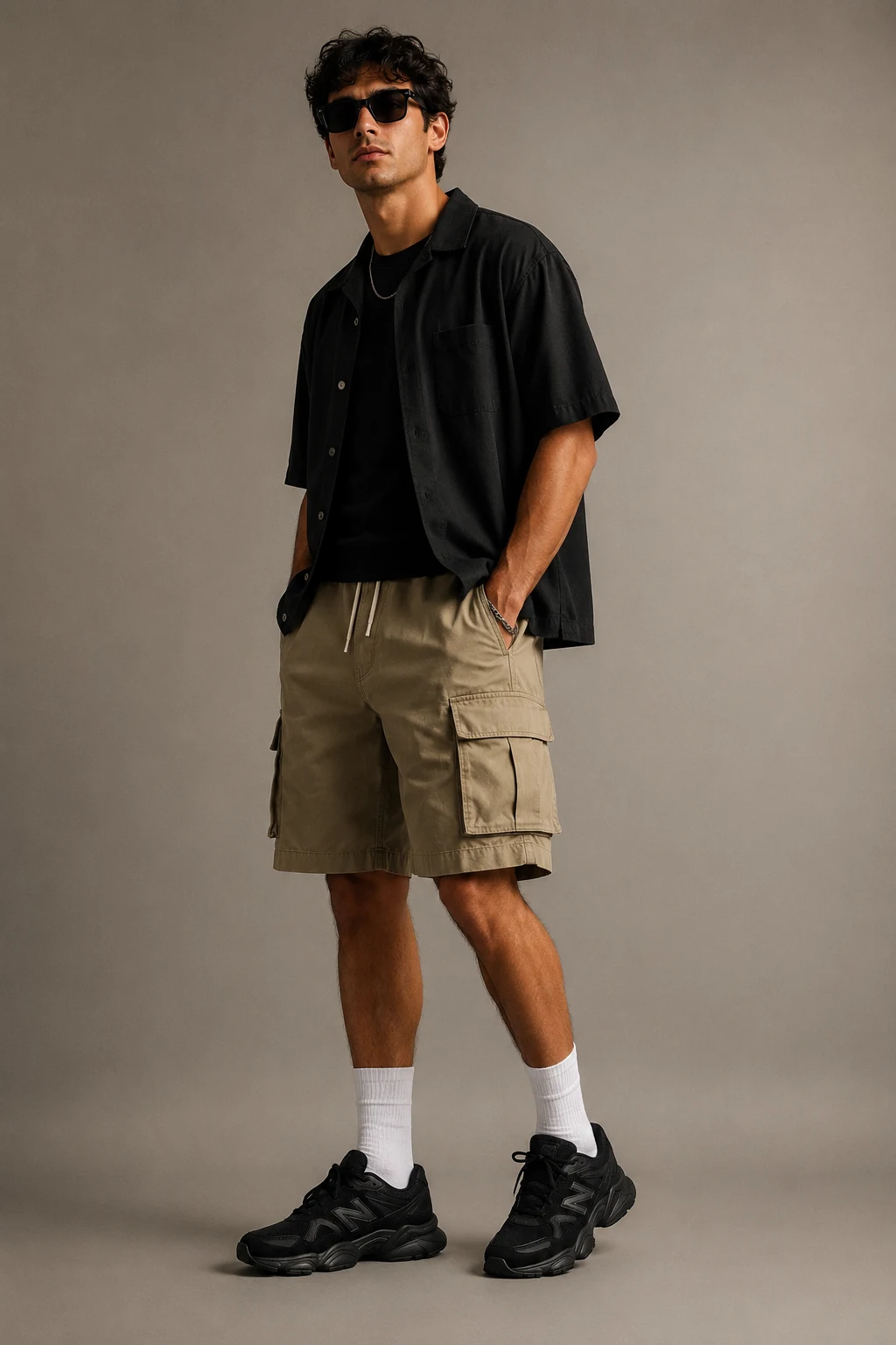 The Cargo Shorts Summer Fit — Outfits With 9060 New Balance Black Men style outfit, worn by a stylish man