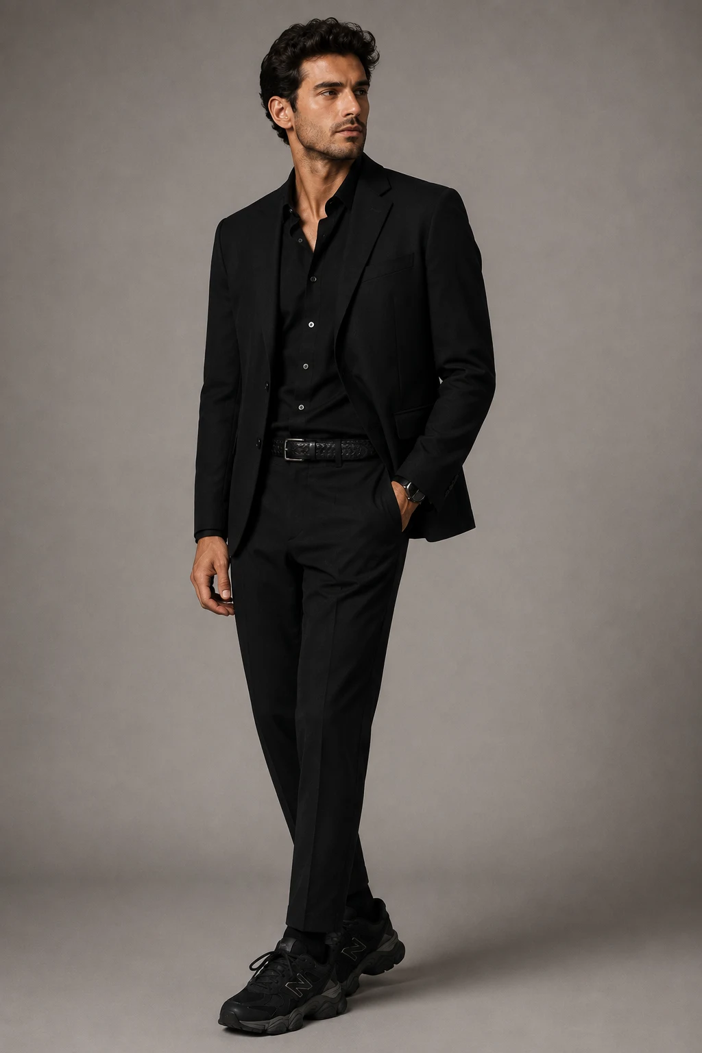 The Elevated All-Black Dinner Fit — Outfits With 9060 New Balance Black Men style outfit, worn by a stylish man