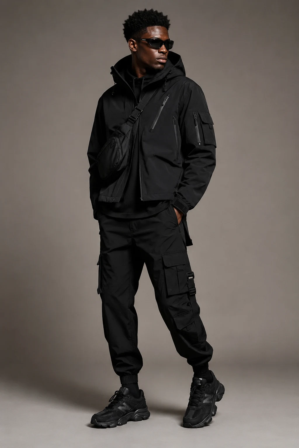 The All-Black Techwear Look — Outfits With 9060 New Balance Black Men style outfit, worn by a stylish man