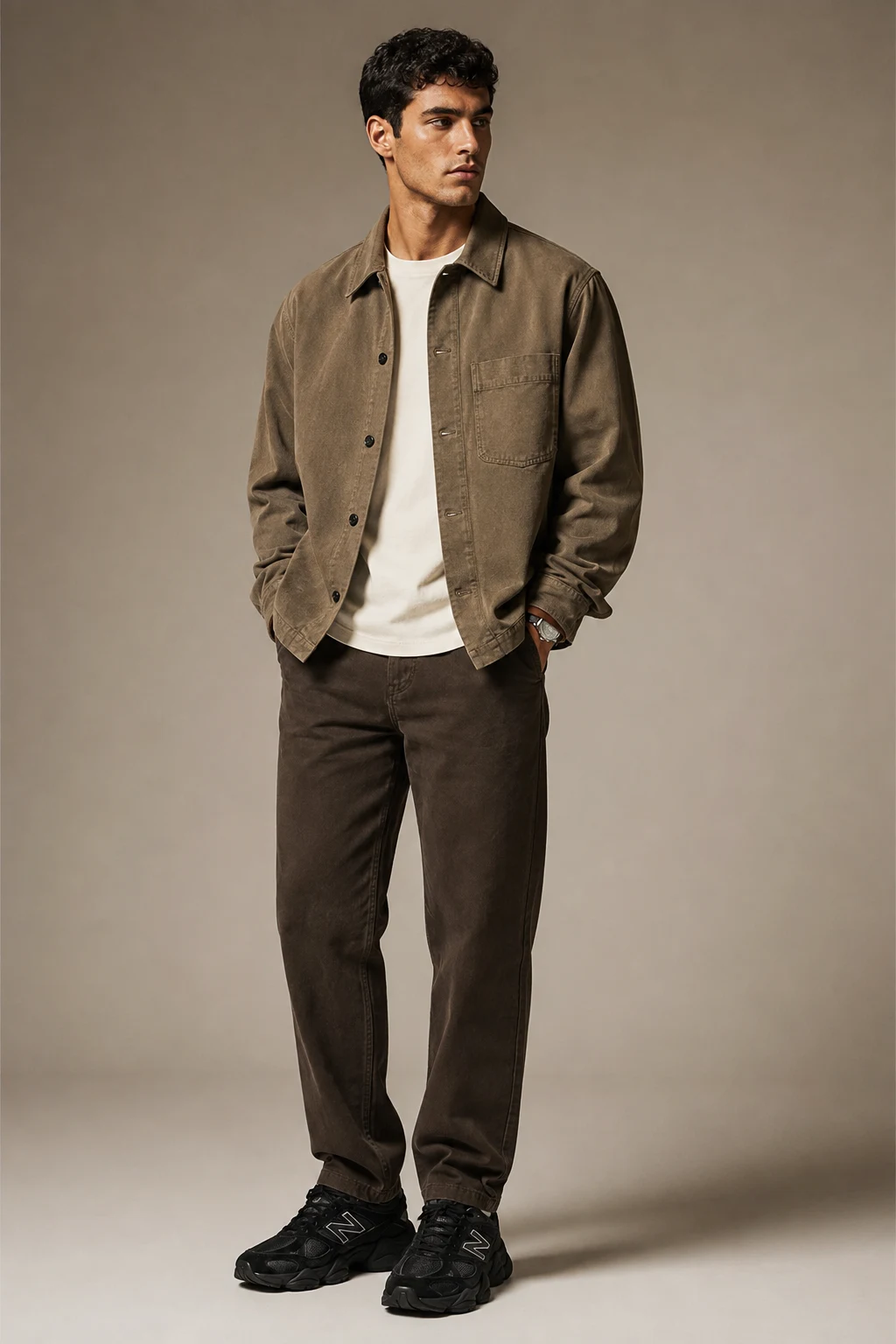 The Earth-Tone Overshirt Fit — Outfits With 9060 New Balance Black Men style outfit, worn by a stylish man