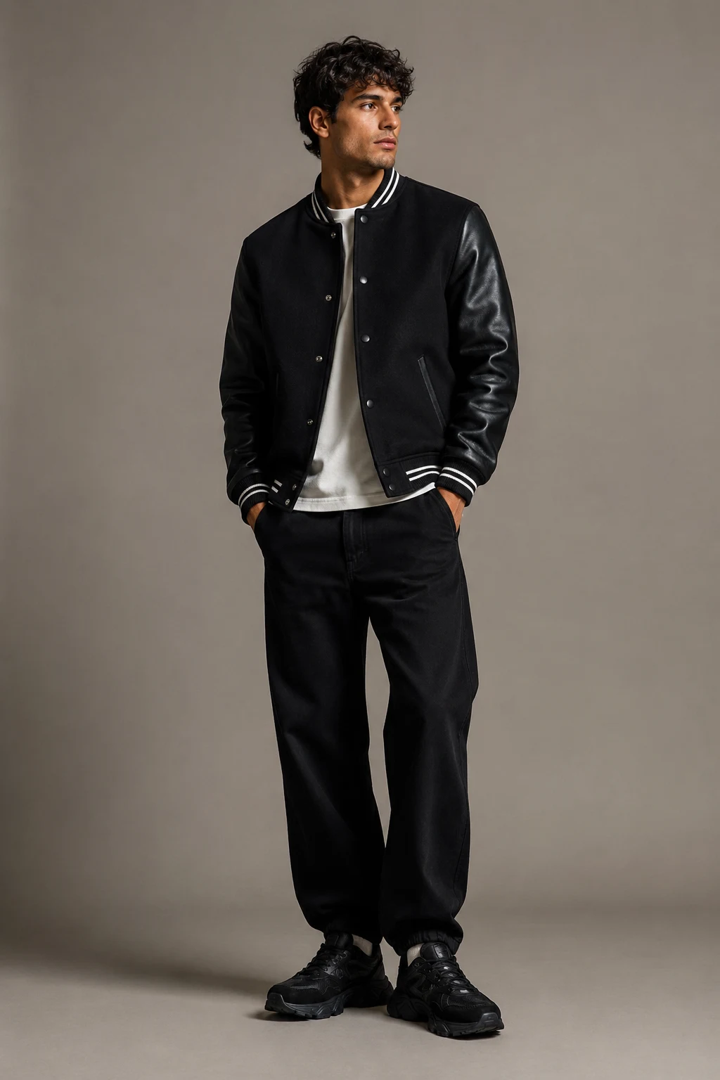 The Varsity Jacket Throwback — Outfits With 9060 New Balance Black Men style outfit, worn by a stylish man