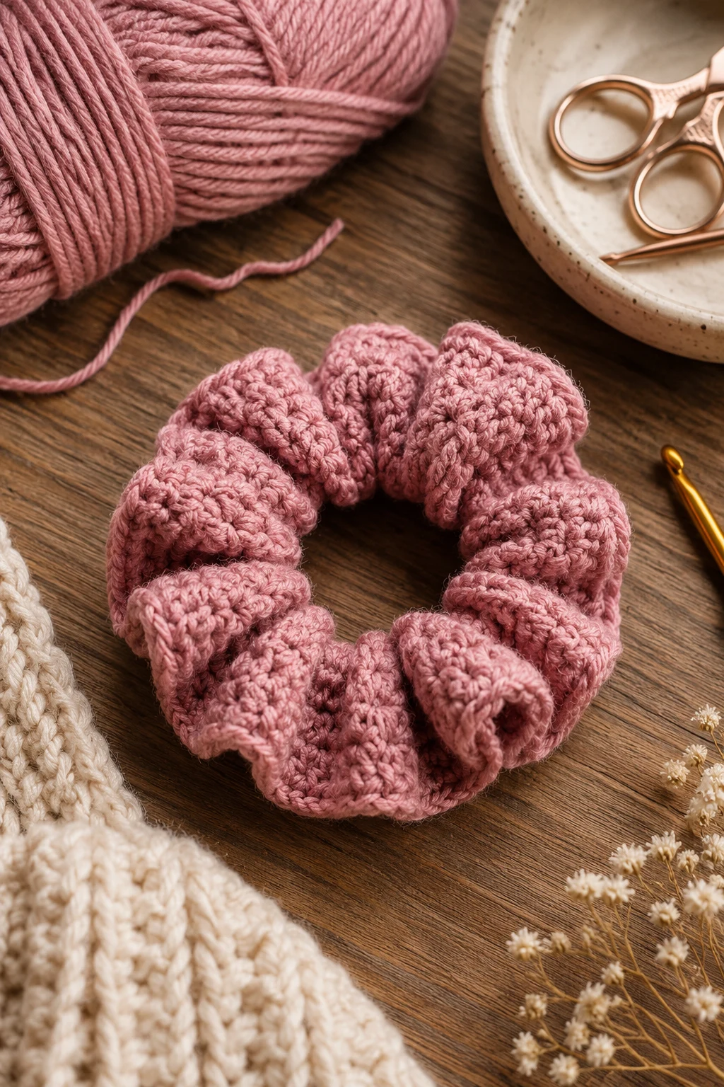 Dusty Rose Scrunchie — Pink yarn crochet ideas style outfit