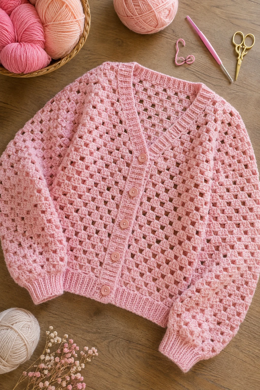 Pink Granny Stitch Cardigan — Pink yarn crochet ideas style outfit