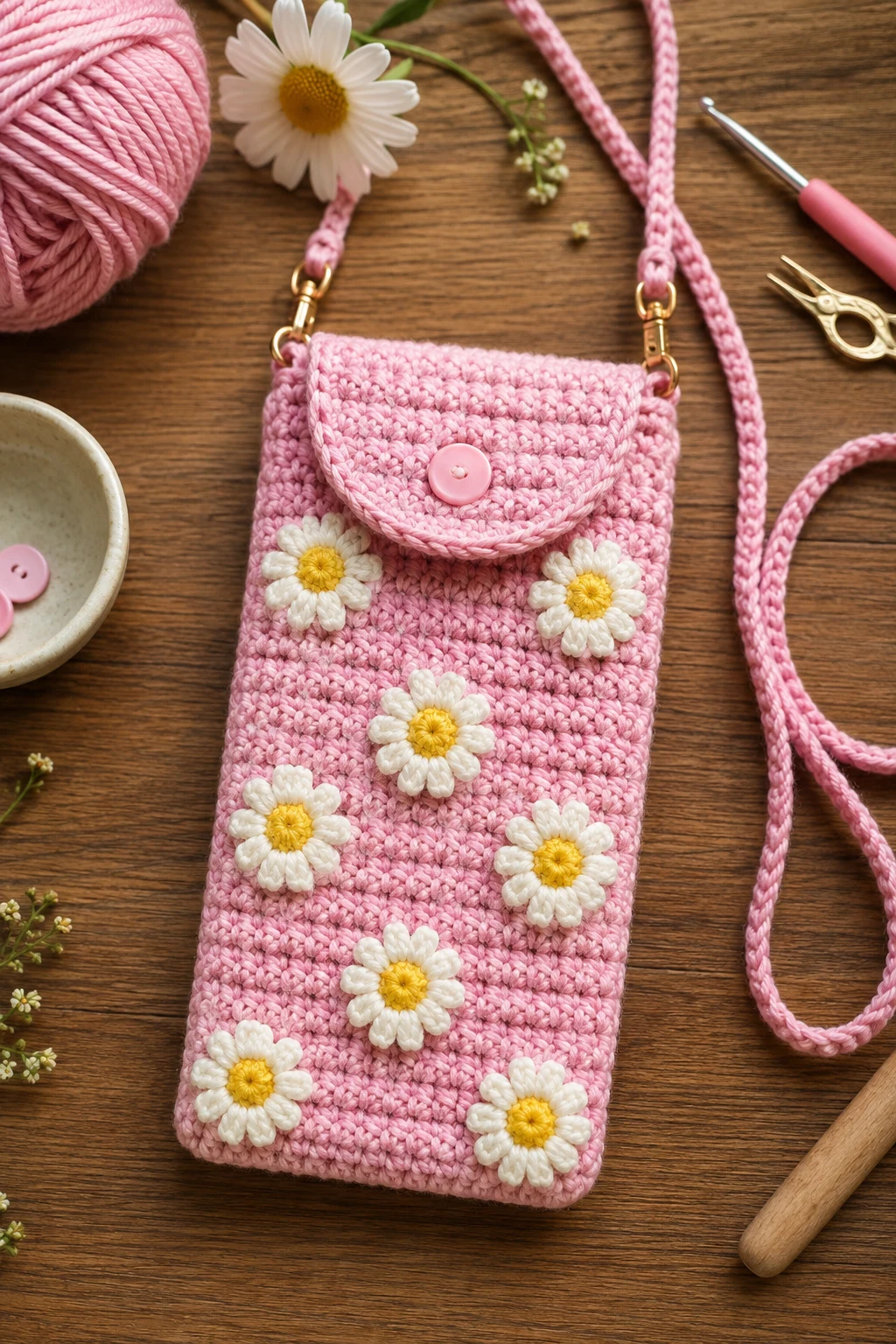 Pink Daisy Phone Pouch — Pink yarn crochet ideas style outfit