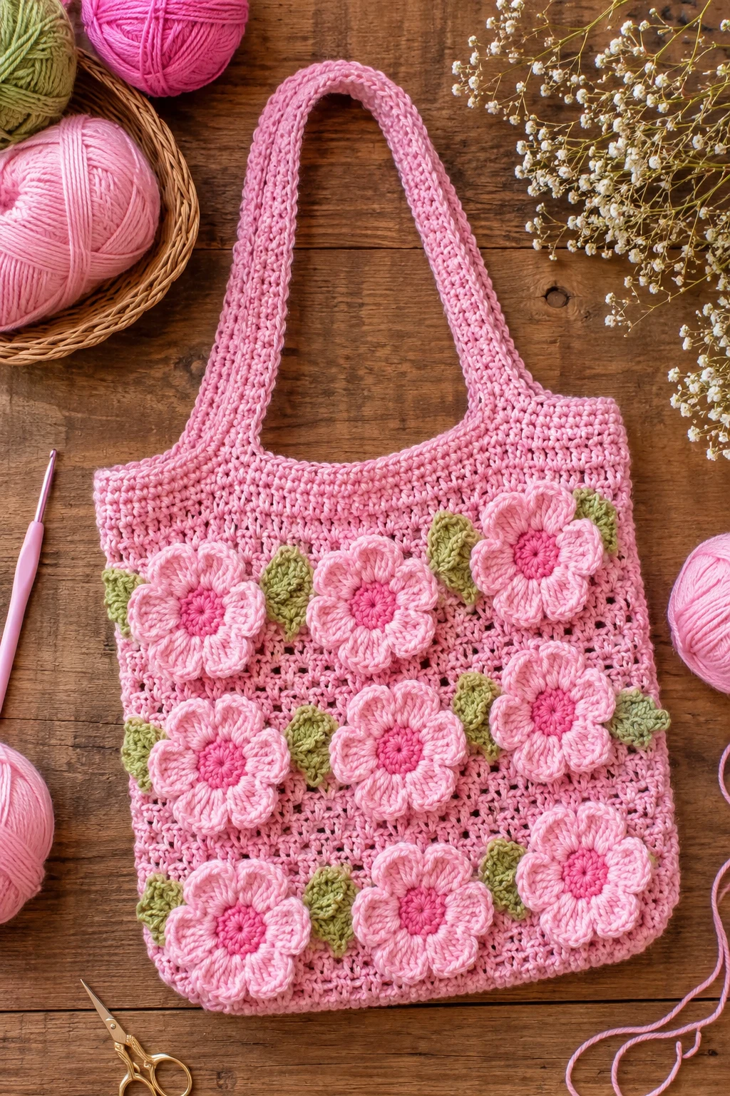 Pink Flower Market Bag — Pink yarn crochet ideas style outfit