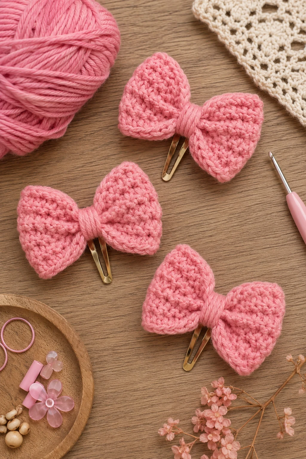 Pink Bow Hair Clips — Pink yarn crochet ideas style outfit