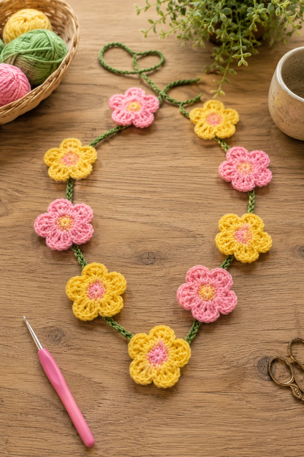 Pink-and-Yellow Flower Garland — Pink yarn crochet ideas style outfit