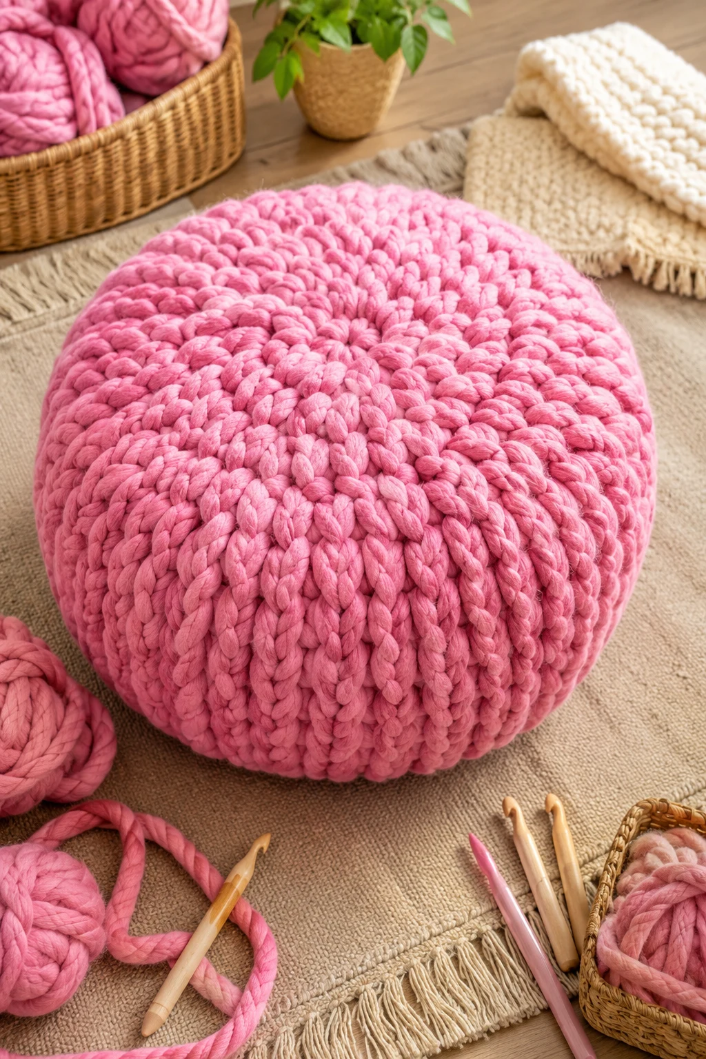 Pink Chunky Yarn Floor Pouf — Pink yarn crochet ideas style outfit
