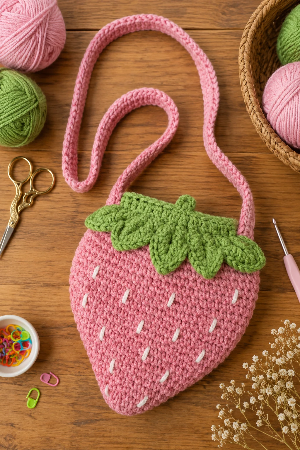Pink Strawberry Bag — Pink yarn crochet ideas style outfit
