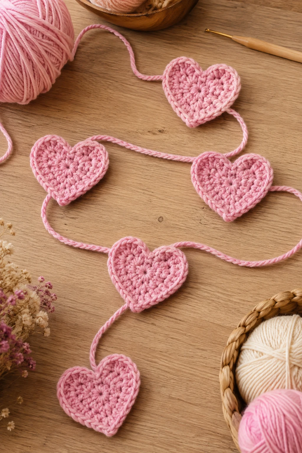 Pink Crochet Heart Garland — Pink yarn crochet ideas style outfit